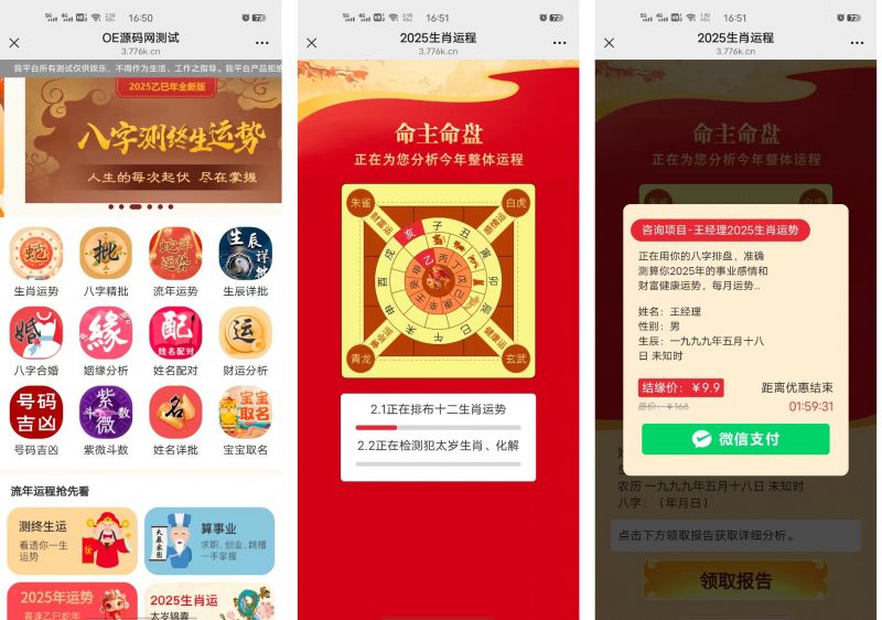2025蛇年运势测试风水起名/八字算命/财运姻缘/周易/运势测算/塔罗牌占卜开源源码-OE源码网